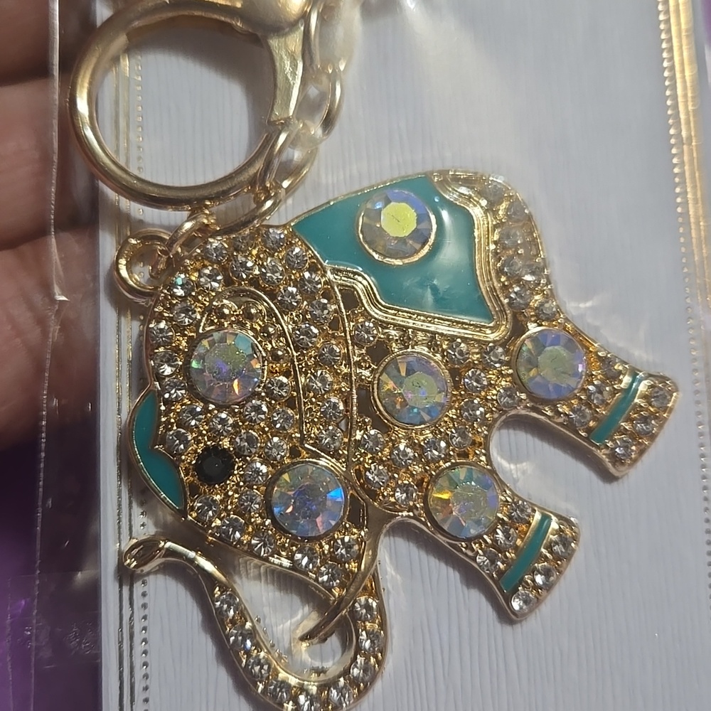 Gold Elephant Crystal Keychain with Teal Accent - Picture 2 of 2